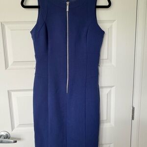 Michael Kors Blue Sheath Midi Dress Mock Neck Cocktail